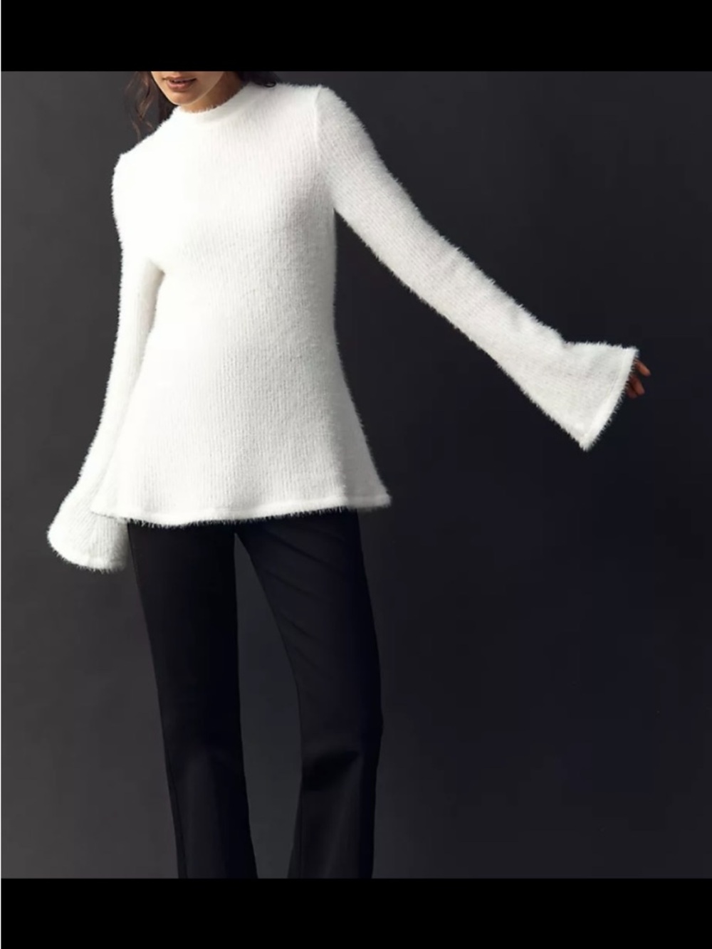 Maeve Tie-Back White Fuzzy Bell Sleeve Sweater.